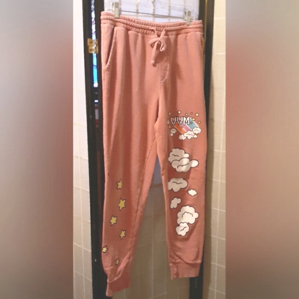 Pink Clouds & Stars Cartoon Graphics Sweatpants - Drawsting Waist K-Pop Look - M